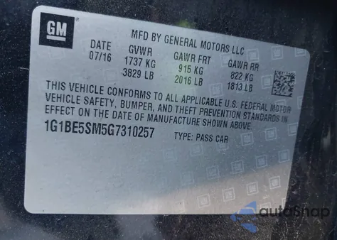 2016 Chevrolet Cruze Lt Auto from USA, damaged, VIN 1G1BE5SM5G7310257